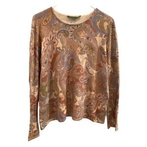 Ralph Lauren Womens Cashmere Sweater Plus Size 1X Tan Paisley Boho 90s Classic
